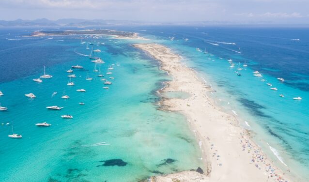 Formentera aerial view of turquoise water and yachts anchored
